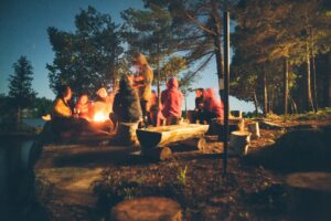 groupe de personnes près d'un feu de joie près des arbres pendant la nuit