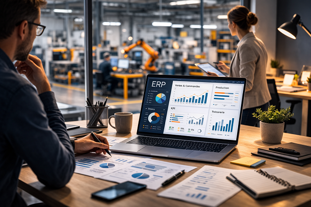 Analyse d’un tableau de bord ERP dans un bureau avec vue sur un atelier industriel moderne