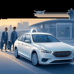 Illustration moderne d’un taxi vers l’aéroport d’Orly, pensée pour évoquer la fiabilité, la ponctualité et la transparence tarifaire. L’ambiance doit rassurer les voyageurs pressés et montrer un service de réservation simple et professionnel.