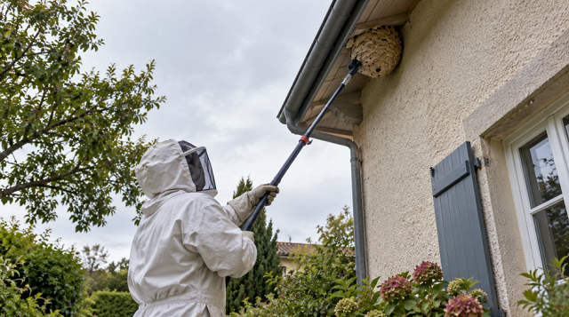 Choisir une entreprise de destruction de nids en 2026 : technicien certifié intervenant à la perche télescopique